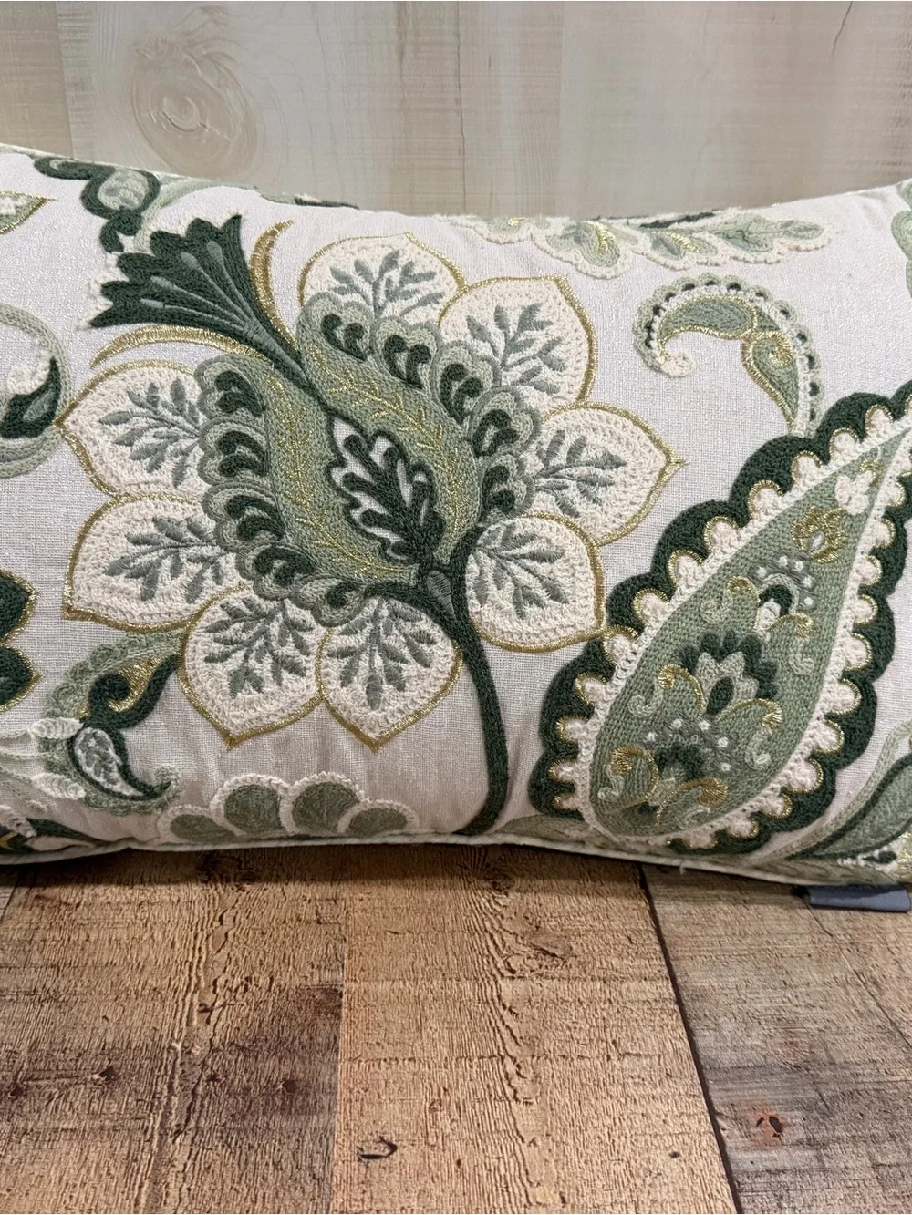 Embroidered Floral Lumbar Pillow by Lacourte- Sage Green on Cream 23”x15”